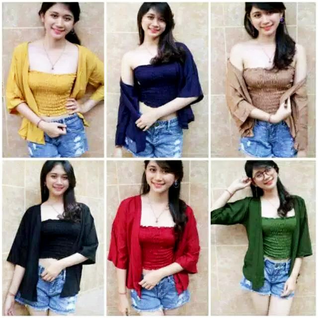 Sweet Honey ~ Setelan Cardigan Set Outer Kemben 2in1 Bali Polos Iva Bisa Pilih Warna