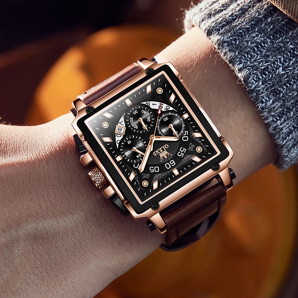 【COD】OLEVS Jam Tangan Pria Original Anti Air Kulit Tahan Keren Led Hitam Coklat Square Chronograph Watch Men Leather With Date