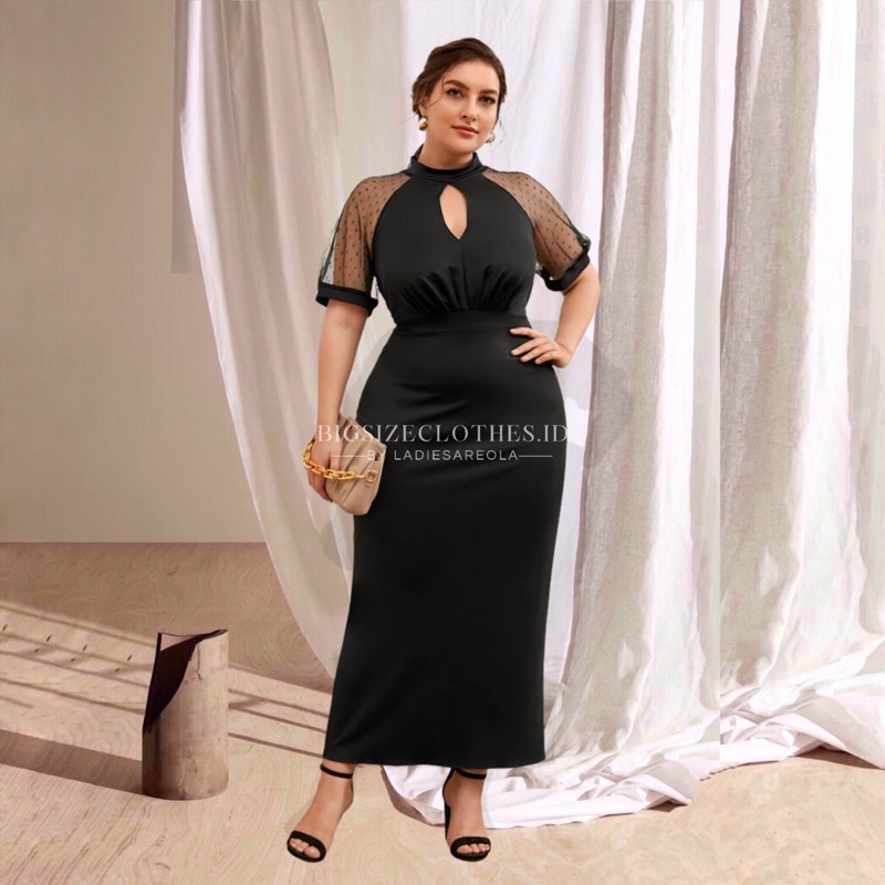 Dress pesta wanita bodycon dress gaun party polkadot tile long dress panjang misi puff sleeves halte