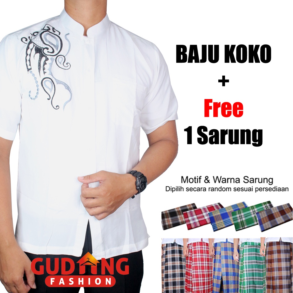 Kemeja Koko Putih Pria Lengan Pendek + Free Sarung