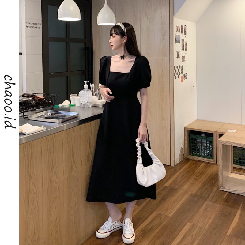 [chaoo.id ]korean style dres gaundress wanita long dress  panjang hitam kasual  wanita  retro gamis hitam