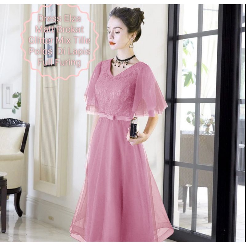 Dress Wanita Midi Terbaru Matt Brokat Glitter/Dress Elza Size  L-XL-XXL Cocok Untuk Acara Natal Dan Pesta Model Kekinian Viral