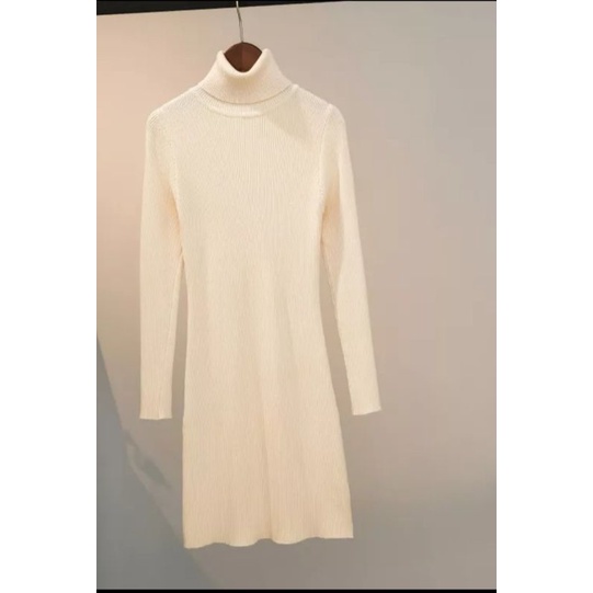 Dress Sweater Wanita Gaun Solid Kerah Lipat