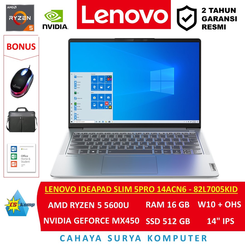 Lenovo Ideapad Slim 5Pro 14ACN6 - 82L7005KID |AMD Ryzen 5 5600U |GeForce MX450 |RAM 16GB | SSD 512GB