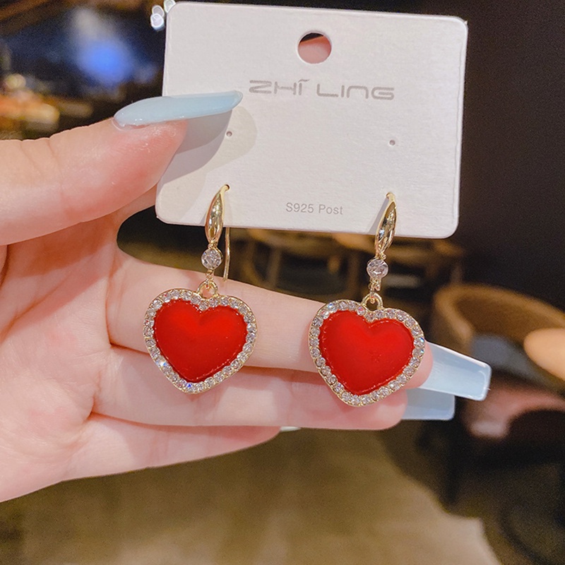 Fancyqube Anting Stud Kristal Mutiara Berlian Imitasi Bentuk Hati Cherry Bunga Merah Untuk Wanita