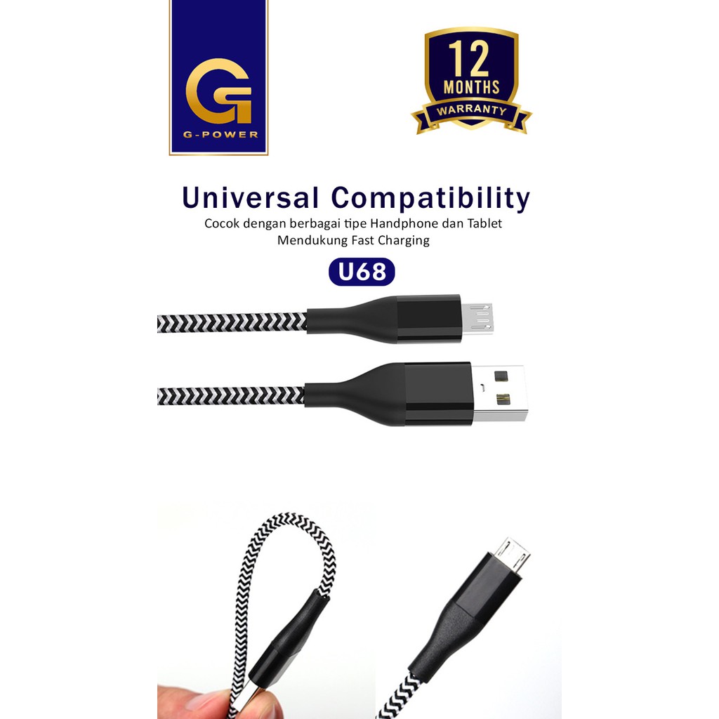 GPOWER KABEL DATA U68 MICRO / 1.8M FAST CHARGING 3A BISA SEMUA HP ORI 100% GARANSI 1 TAHUN