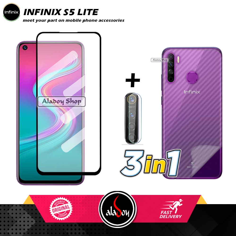 PAKET 3 IN 1 Tempered Glass Layar Infinix S5 Lite Free Tempered Glass Camera dan Skin Carbon