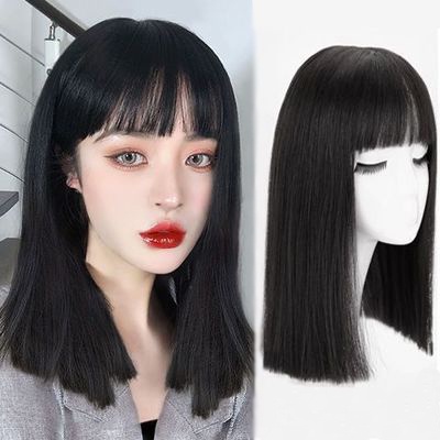 Wig Full Wanita Rambut Palsu Short Straight Wig Cewek Berponi Panjang Medium Korean Version / Wig Full Wanita