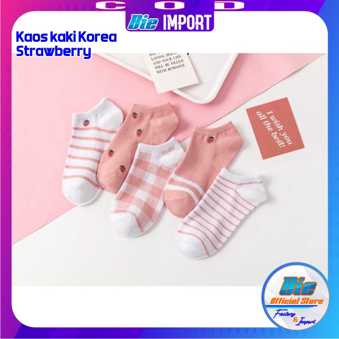 Kaos Kaki Korea Wanita Motif Strawberry Pink Impor Best Seller