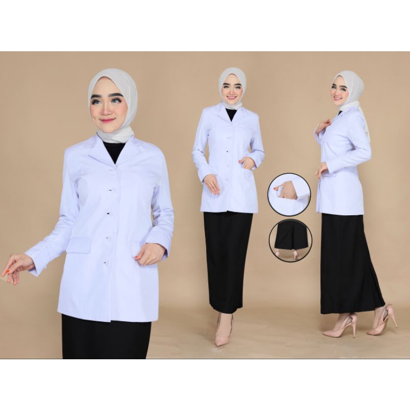SERAGAM PUTIH ASN /  SETELAN PUTIH HITAM ROK SPAN / SETELAN PUTIH HITAM ROK A /ATASAN ASN PUTIH BAJU DINAS PNS PUTIH KANTONG DUA BAWAH. FREE HIJAB
