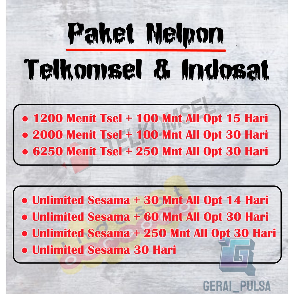 Paket Nelpon Bulk Telkomsel 1300 2100 6500 Menit Indosat 30 60 250 Mnt All Operator 7 14 30 Hari