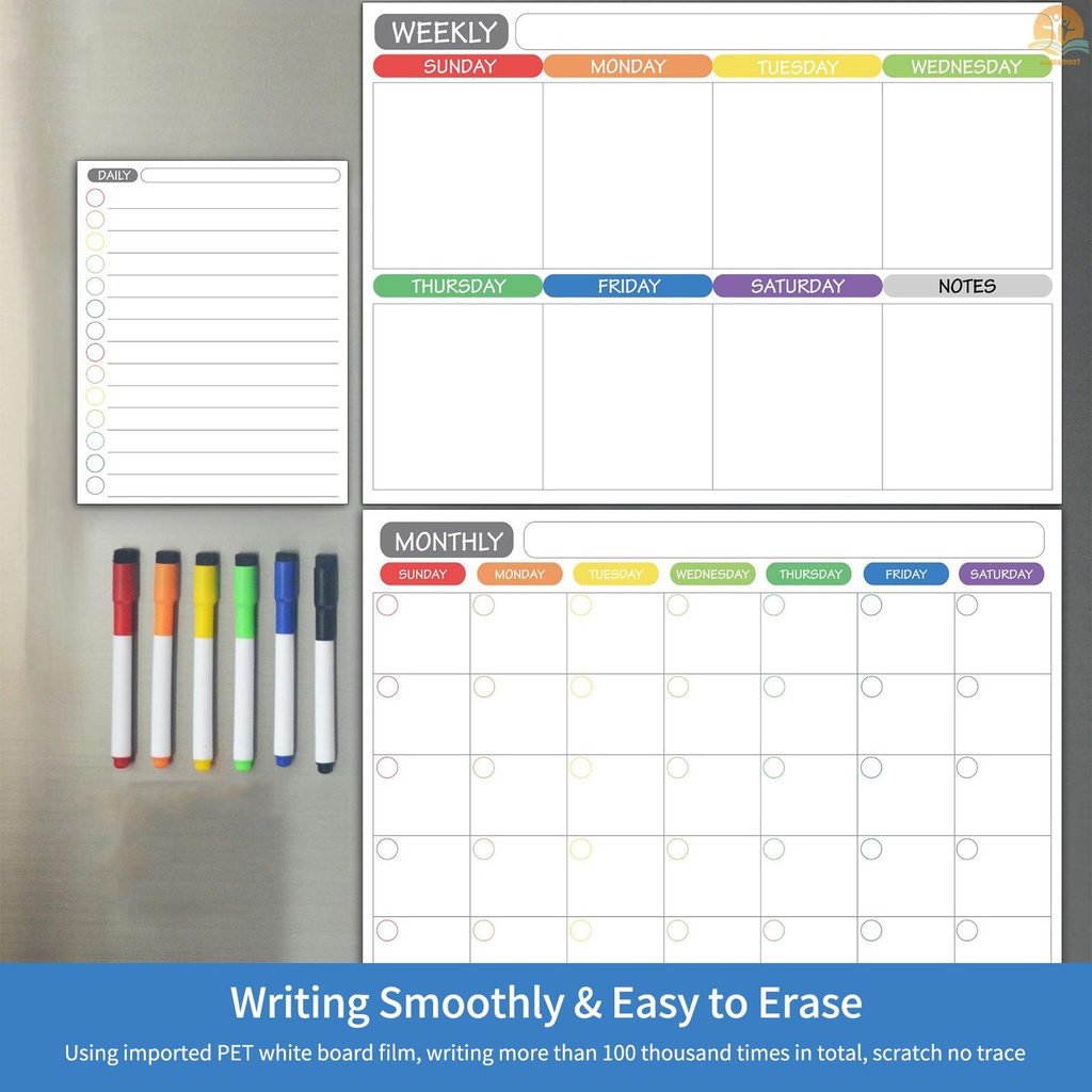 Magnetic Dry Erase Calendar Whiteboard Fridge Magnet Flexible Daily Message Stickers Included Monthly Weekly Daily Calendar Whiteboard 5 Board Pen 1 Eraser for Organizer Schedule Planner To Do List Notepad Wall Set