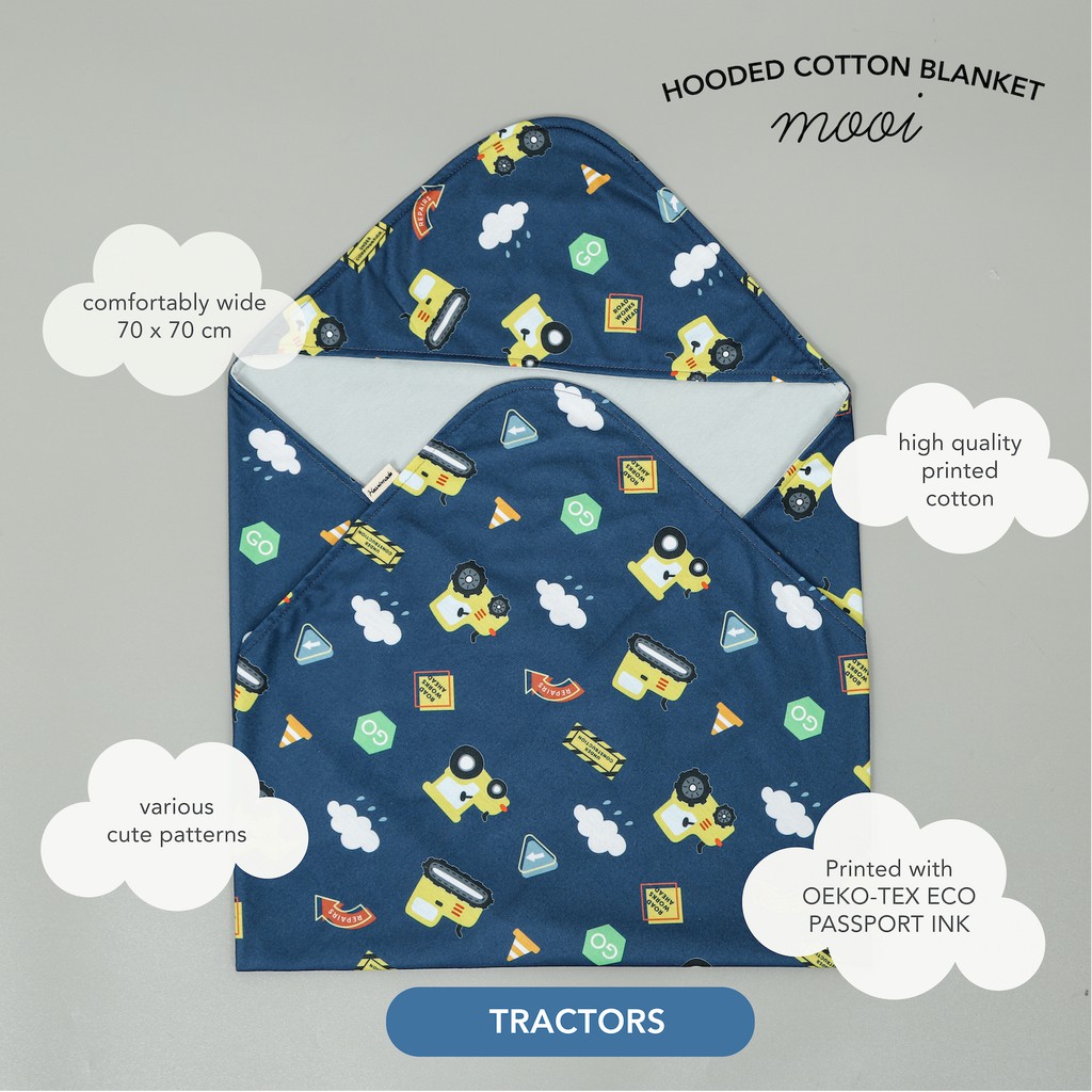Mooi Hooded Cotton Blanket Selimut Topi Bayi-TRACTORS