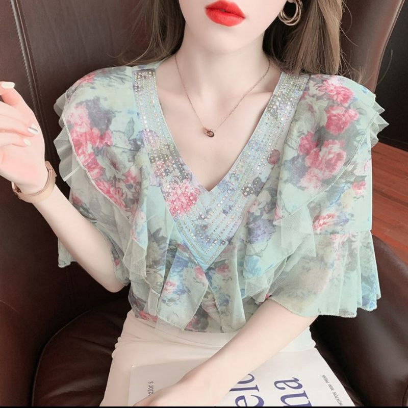 MDLV ~ 7092# Roseville Beaded Top Atasan Blouse Flower Fashion Import