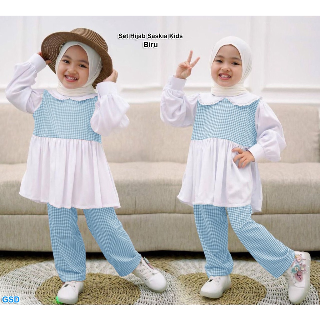 Set Hijab Saskia Kids/Baju Muslim Anak Perempuan / Setelan Baju &amp; Celana Kotak Kotak GRATIS Hijab Instan Anak / Set Hijab