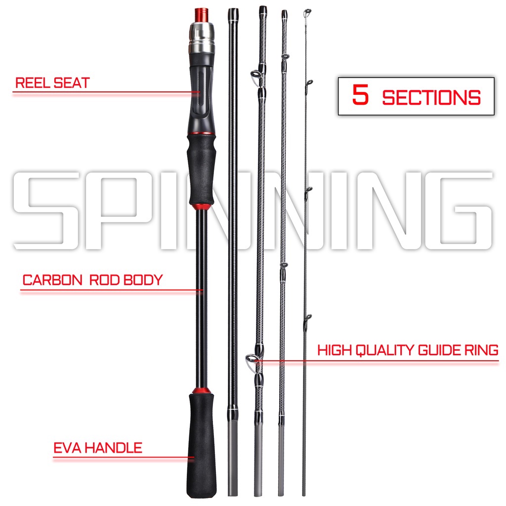 Sougayilang Joran Pancing Set Sections 5 Spinning Casting Fishing Rod 1.8m/2.1m Carbon Fiber EVA Handle Fishing Rod Line Wt 10-20LB Pancing Kuat joran pancing