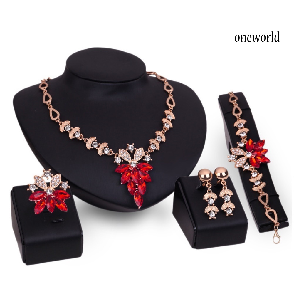 OW@ Women Rhinestone Grape Pendant Necklace Stud Earrings Ring Bracelet Jewelry Set