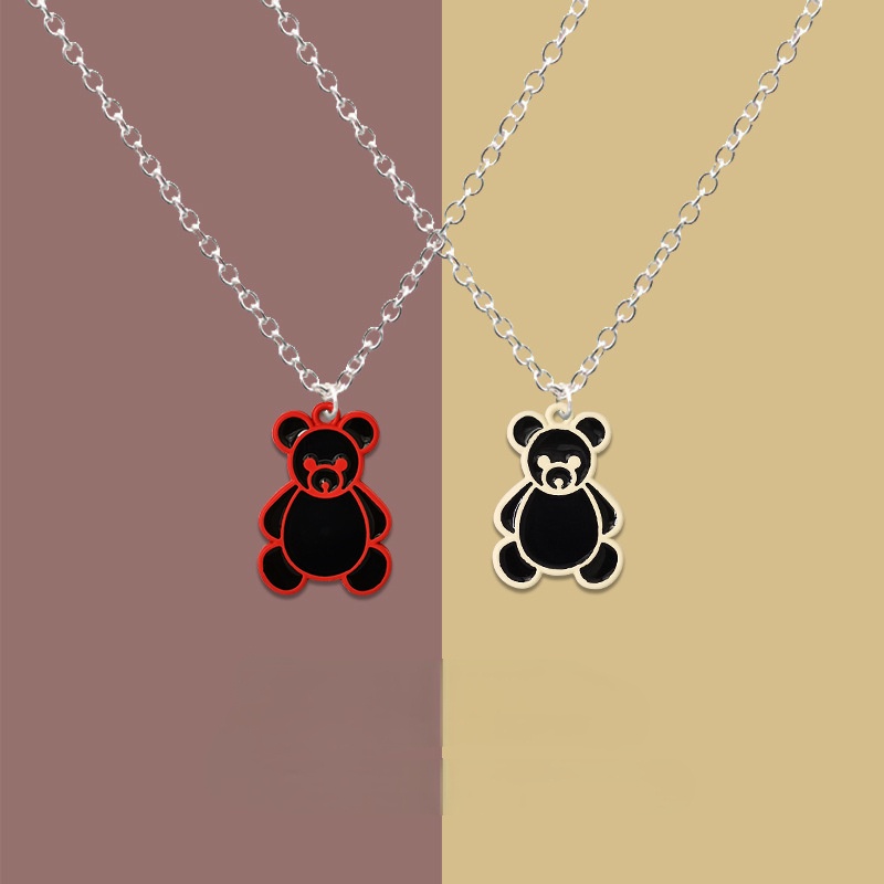 Kalung Rantai Liontin Kartun Beruang Lucu Ala Korea Warna Hitam / Putih Untuk Wanita