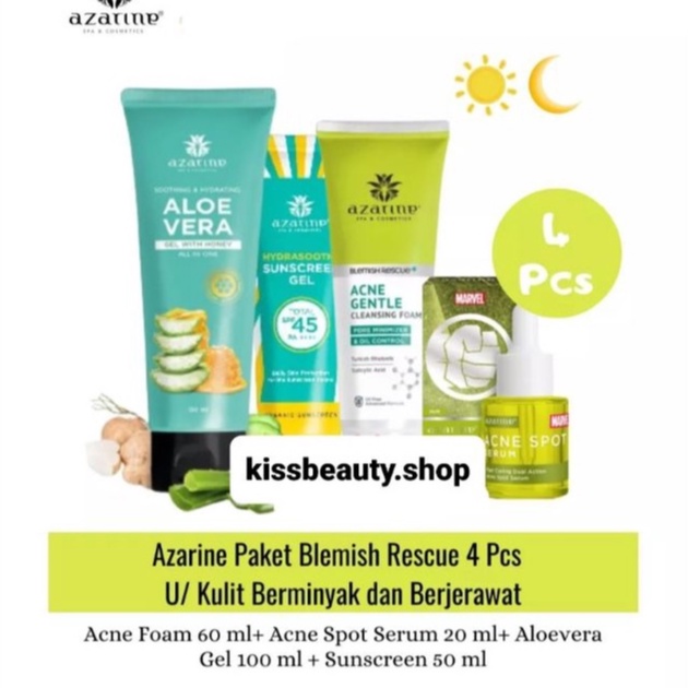 Azarine Paket Blemish Rescue 4pcs (Acne Gentle Gel Cleanser 60ml +Anti Acne and Brightening Serum 20