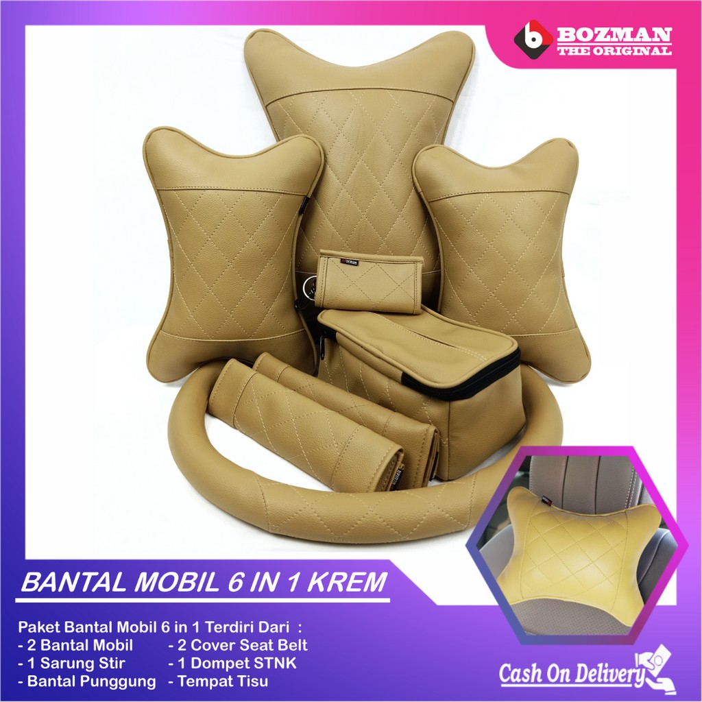 Set Bantal Mobil 6 in 1 Bantal Mobil Seatbelt Sarung Stir Dompet STNK Bantal Pinggang Tempat Tissue Premium