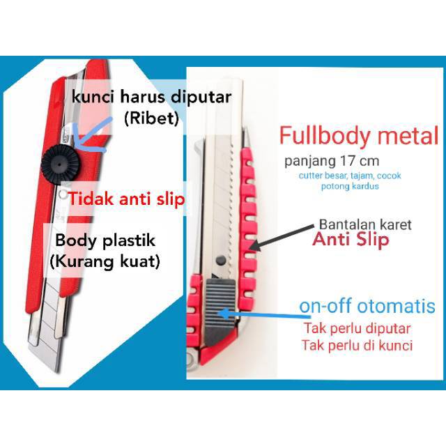 Cutter Besar Ukuran 17 cm, Alat Potong Kardus, Cutter Anti Slip dengan kunci otomatis