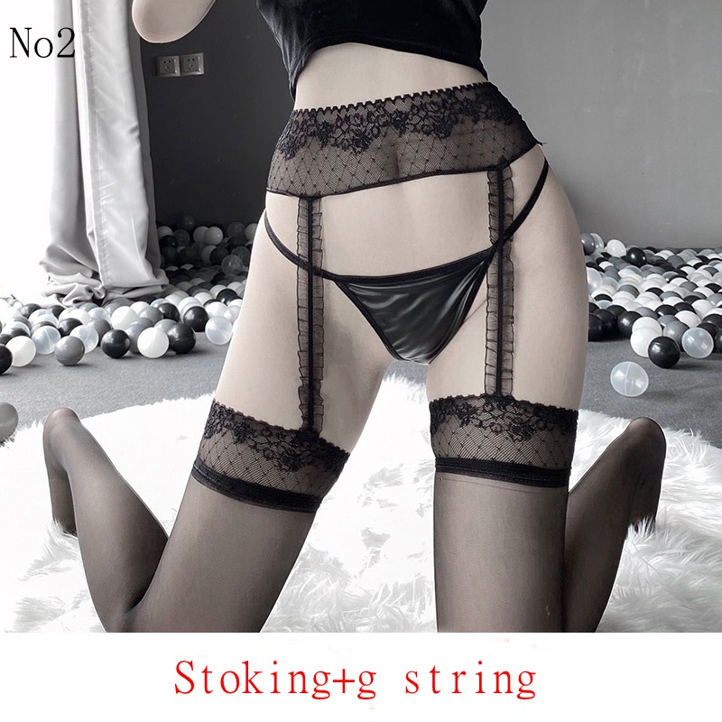 Stoking Wanita Stoking Garter Transparan Paha High Waist Ketat Tubuh Stocking dan Thong 6S