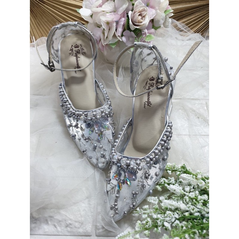 sepatu zaneta silver tali yg cantik dan mewah tinggi 7cm kaca