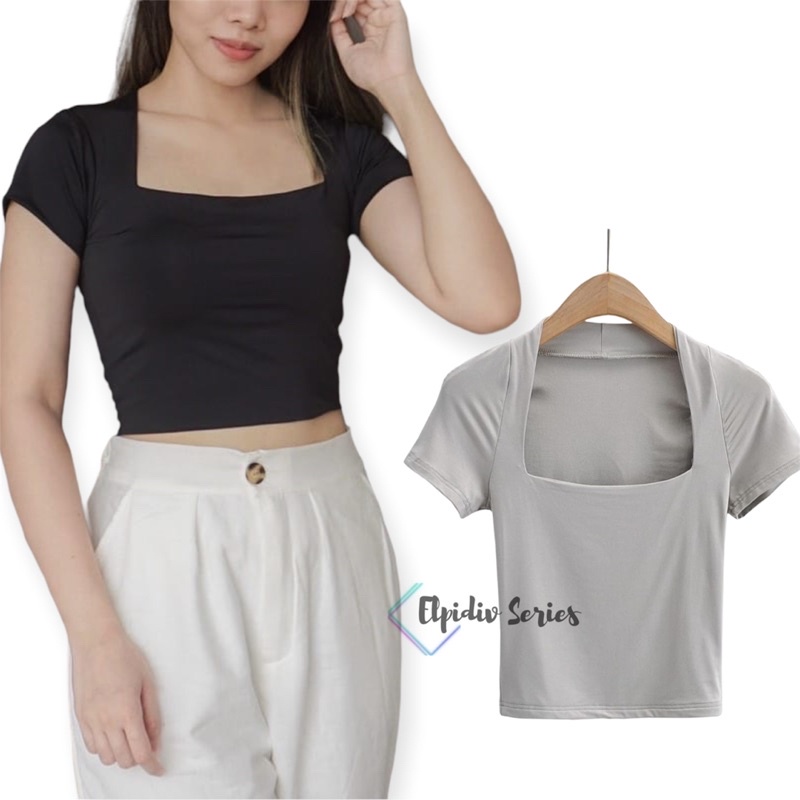 Elpidiv - Crop Top Leher kotak Kaos Crop Top Wanita Polos CropTee Leher Kotak S,M,L,XXL (CTLP-005)