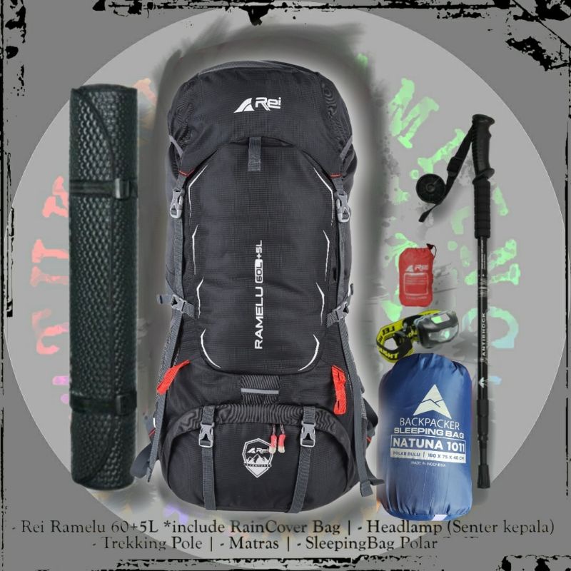 paket tas gunung keril carrier rei  ramelu 60l   paket tas gunung carrier arei ramelu 60 5l   paket 
