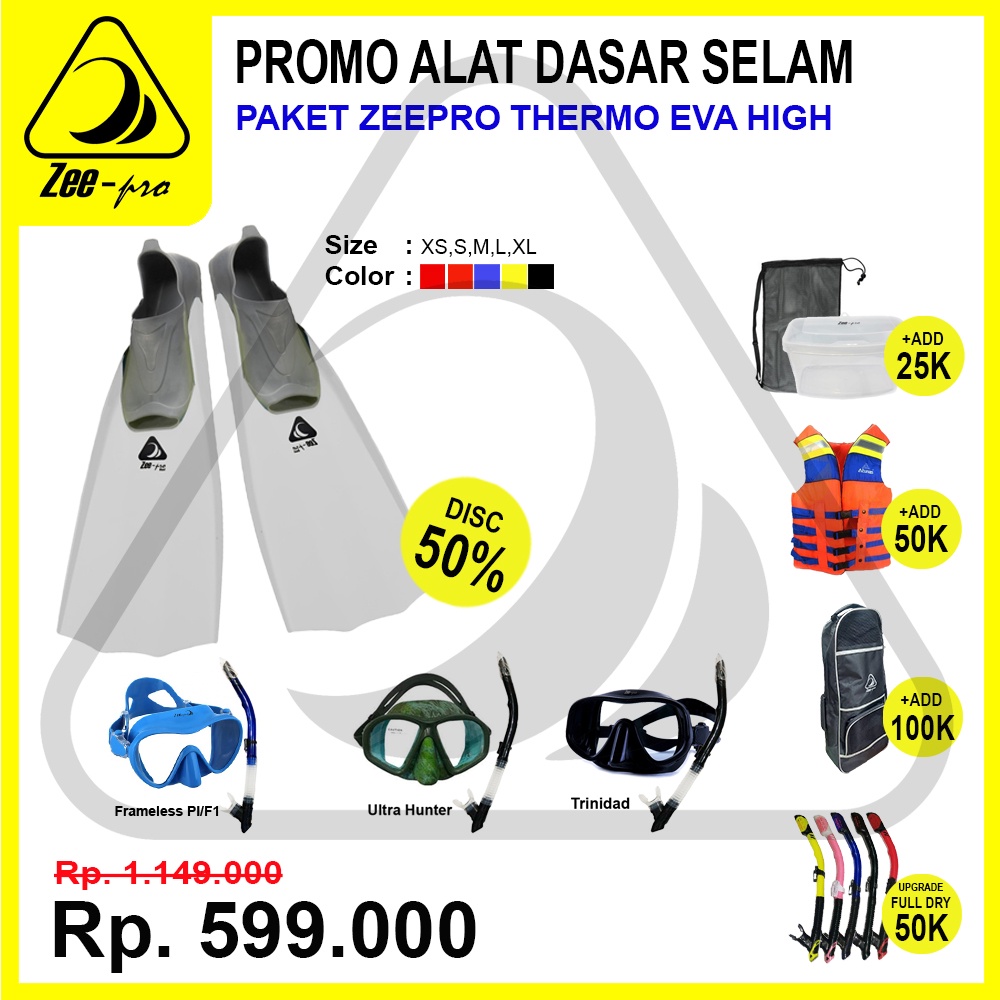 Set Mask Selam Fins Kaki Katak Snorkel Semi Dry Zeepro Scuba Diving