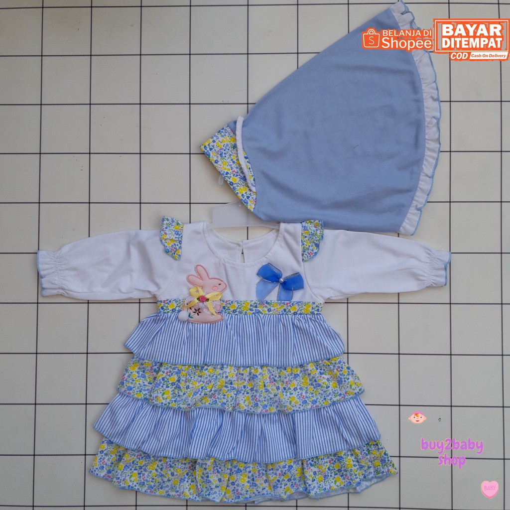 Baju lebaran bayi set gamis panjang dengan jilbab motif Polkadot/Bunga Baby Flower