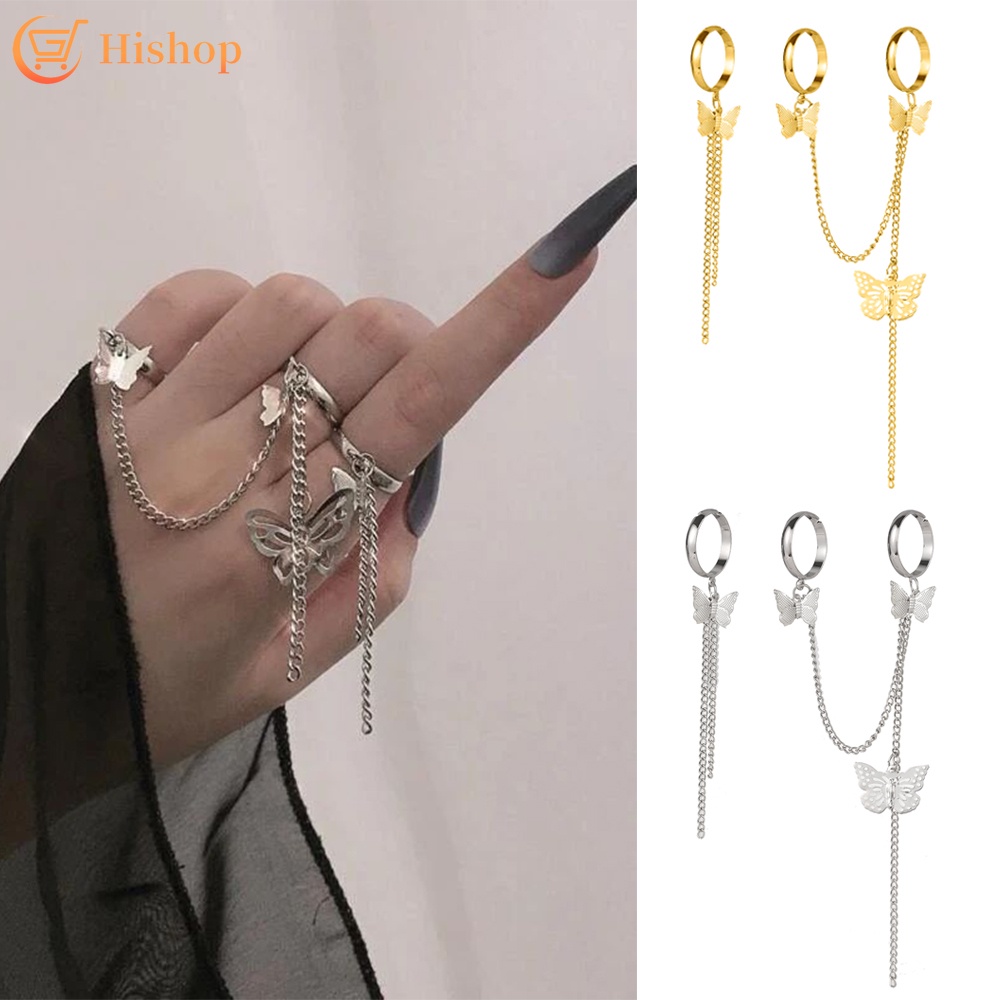 Korean Style Butterfly Rings Set Tassel Chain Adjustable Ring for Women Fashion Accessories Jewelry