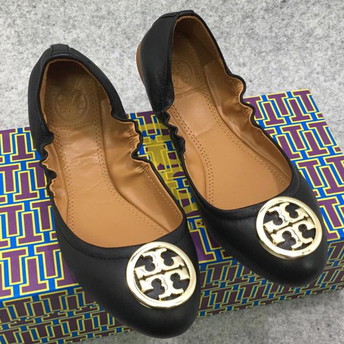 Sepatu Tory Burch Ballerina Hitam Logo Logam Gold Emas Original ORI KULIT ASLI ORI Original