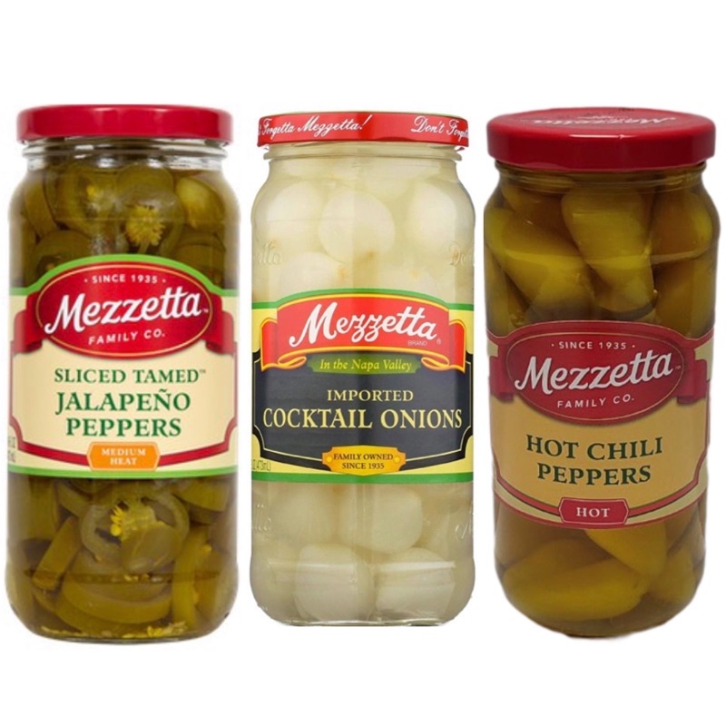 

Mezzetta Hot Chili Peppers/Mezzetta Cocktail Onion/Mezzetta Sliced Hot Jalapeno Peppers/Acar Cabe Kuning Pedas Pickled