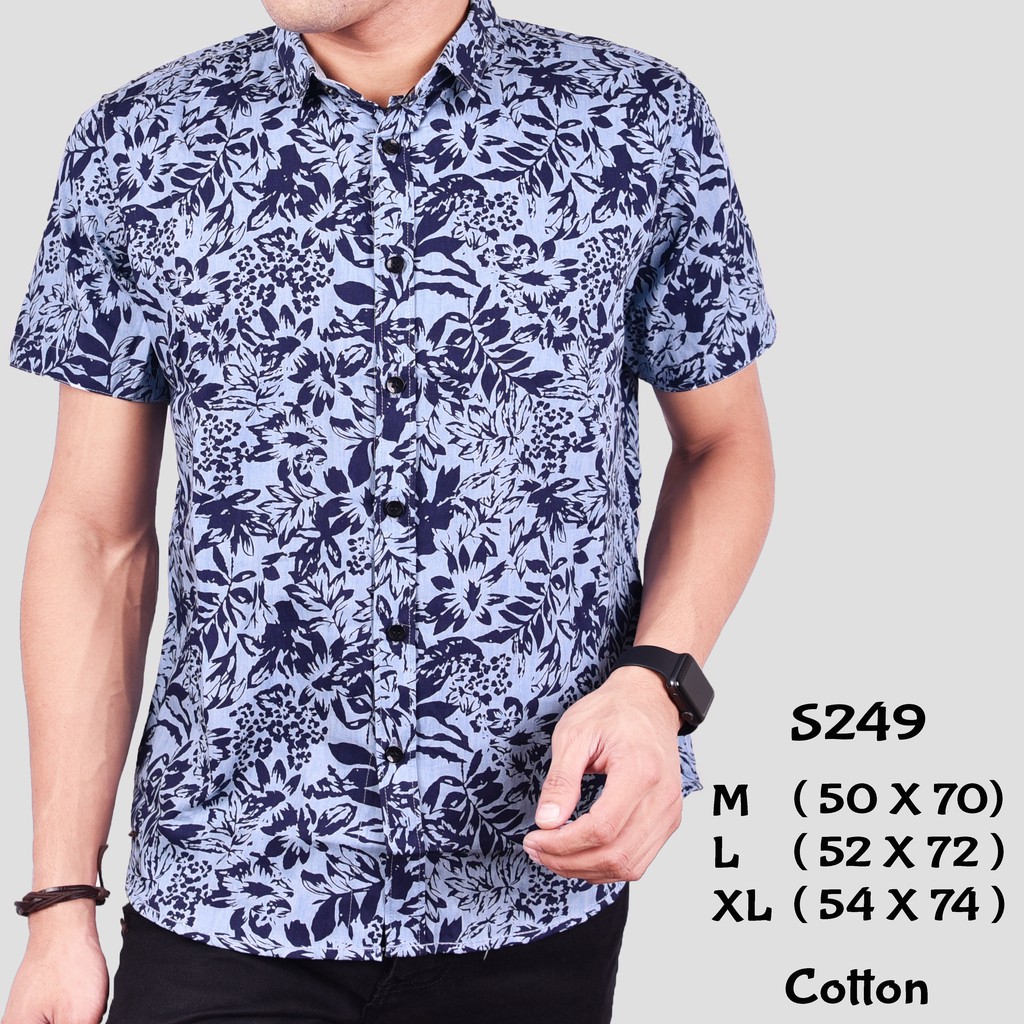 Baju Kemeja Kasual Pria Cowok Lengan Pendek Slimfit Biru Motif Daun