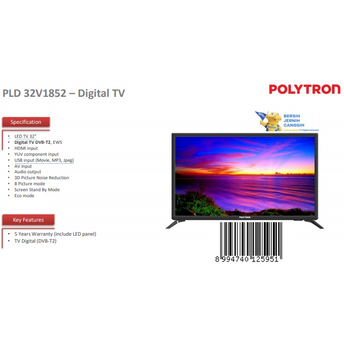 DIGITAL TV POLYTRON (DVB-T2) PLD 32V1853 32 INCH GARANSI RESMI