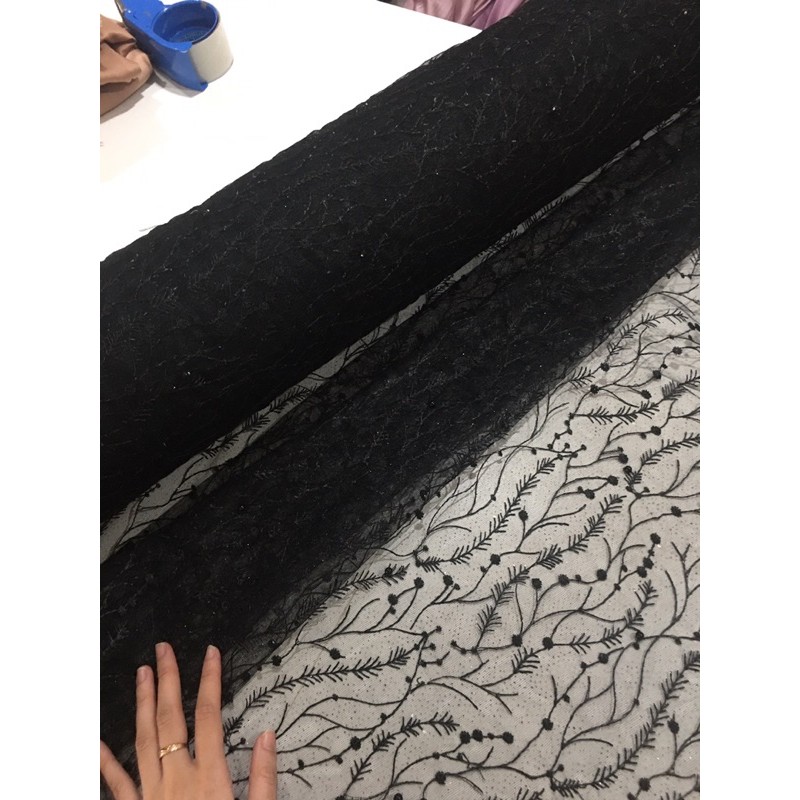 Kain Brokat Tile Mutiara Padi warna Hitam