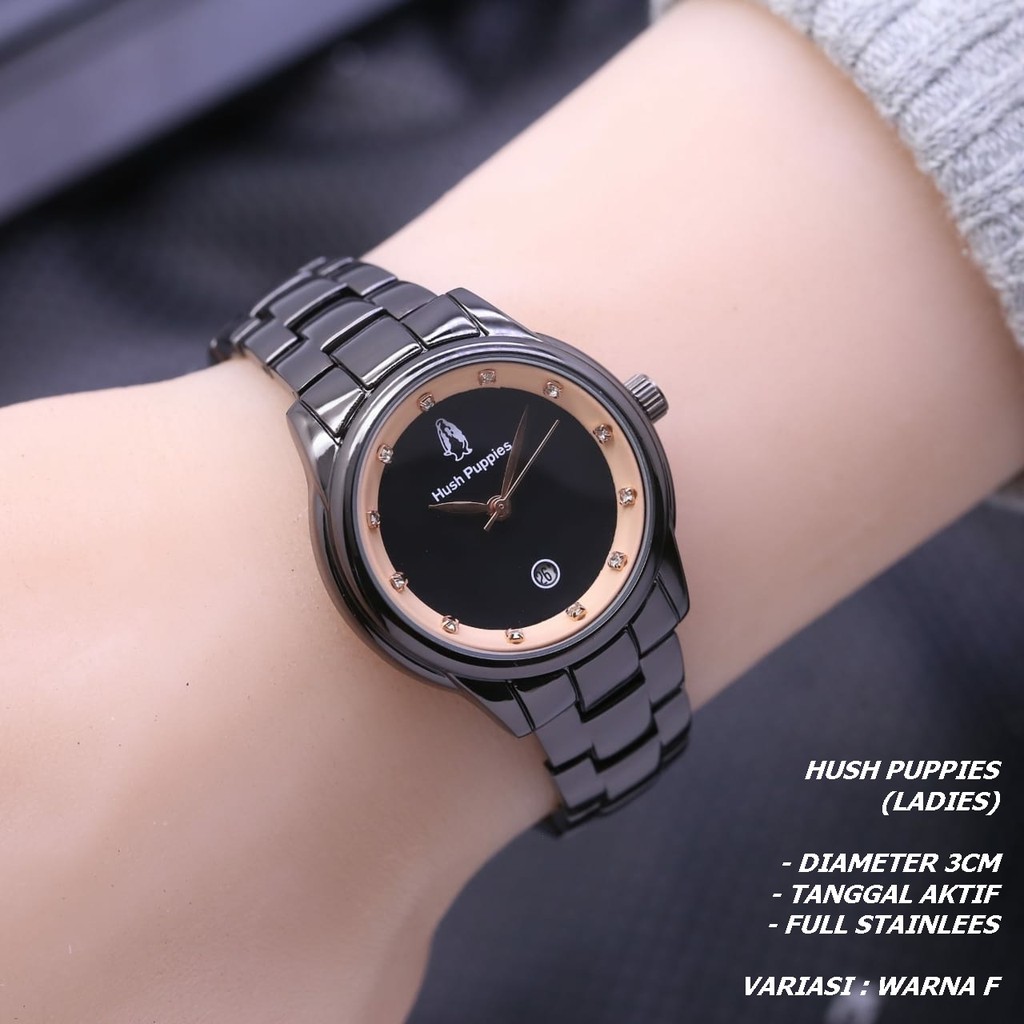 JAM TANGAN WANITA HUSH PUPPIES RANTAI BODY BULAT TANGGAL AKTIF