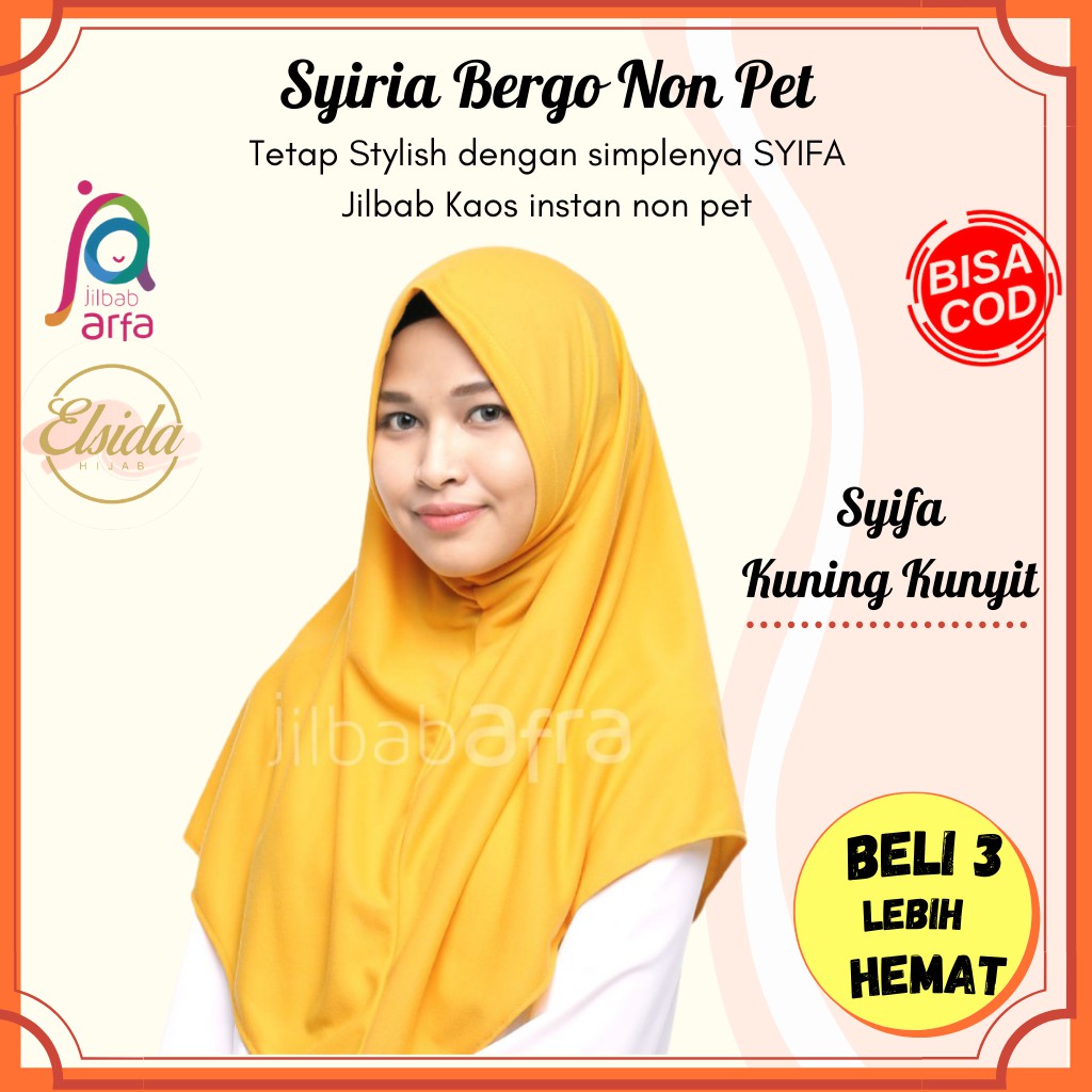 JILBAB AFRA SYIFA KUNING KUNYIT Bergo Tanpa Pet- bergo kaos syiria syar'i (Kerudung Instan)