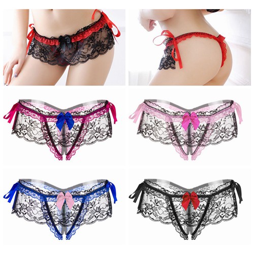 (COD) G String Sexy Sheer Lace Ruffle transparan Open Crotch Celana dalam Wanita C057