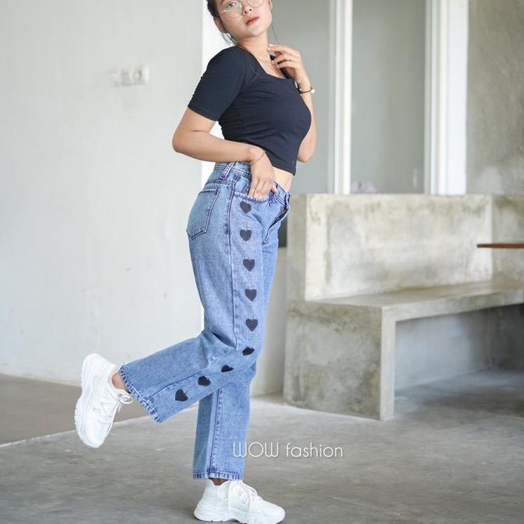 Ready→ Highwaist Celana Kulot Jeans Love Wanita Korea Boyfriend BF Jeans Bordir Love Kekinian 71 →