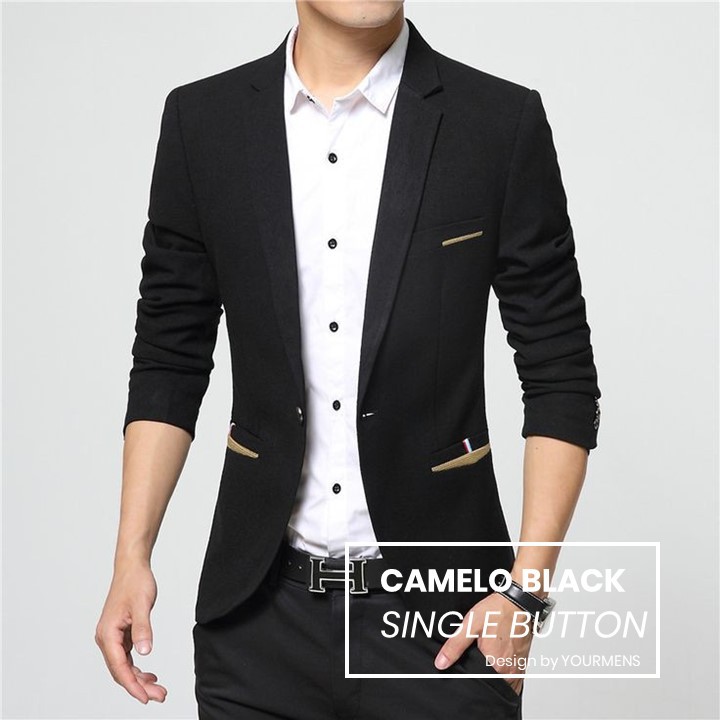 BLAZER PRIA SLIMFIT WARNA HITAM - BLAZER KERJA FORMAL PRIA CAMELO BLACK SUPER BODY FIT ORI