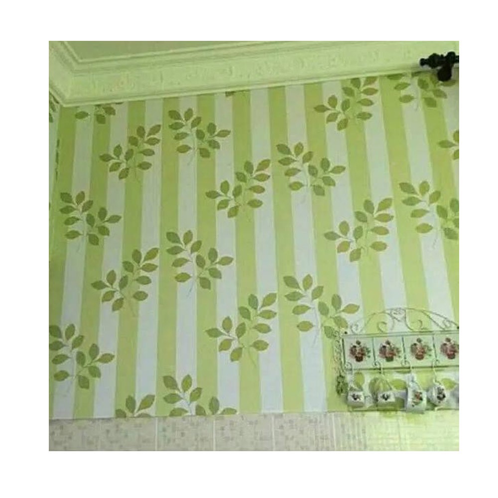(COD) Gudang Wallpaper Sticker Dinding kamar Anti Air Murah Dan Terbaik Motif Salur Daun Hijau Bahan PVC Premium (SUDAH ADA LEM)