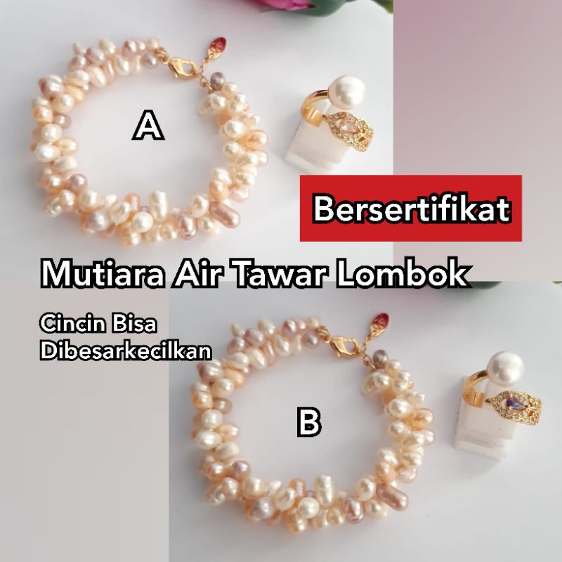 BERSERTIFIKAT SET PERHIASAN GELANG CINCIN MUTIARA PADI ZIGJAG KECIL MUTIARA ALAMI LOMBOK CINCIN FLEK