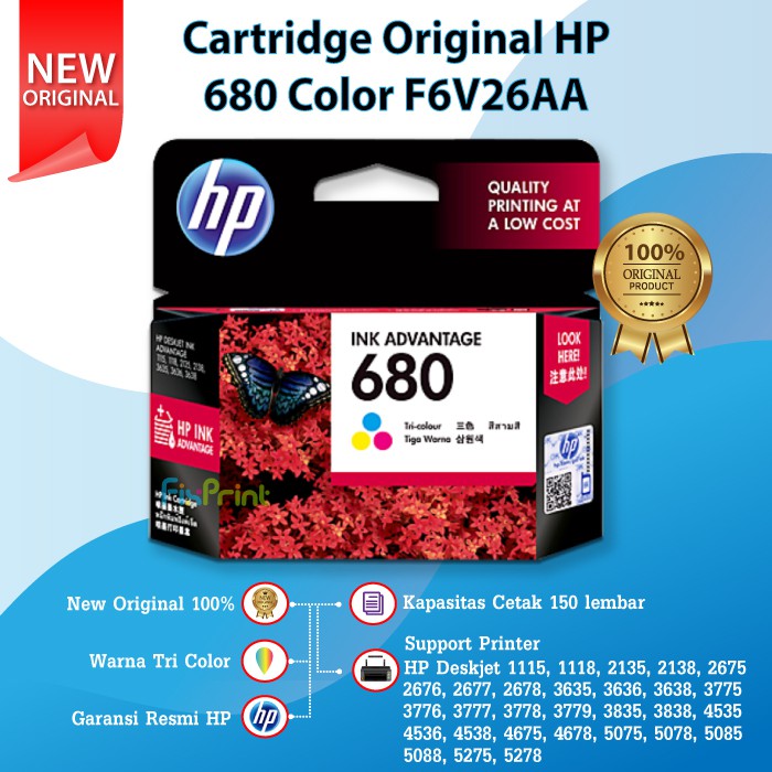 Ink Cartridge HP 680 Tri-Colour Original Katrid Tinta F6V26AA Catridge Color Printer 2138 3636 4678