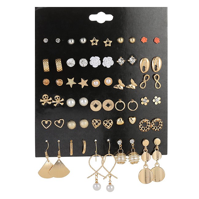 LRC Anting Set Fashion Color Mixing Pearl Hollow Flower Pentagram Alloy Ear Stud Set 30 Pairs D94153