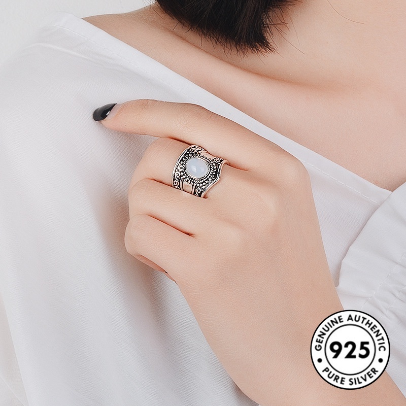 Cincin Batu Bulan Bahan S925 Silver Gaya Retro