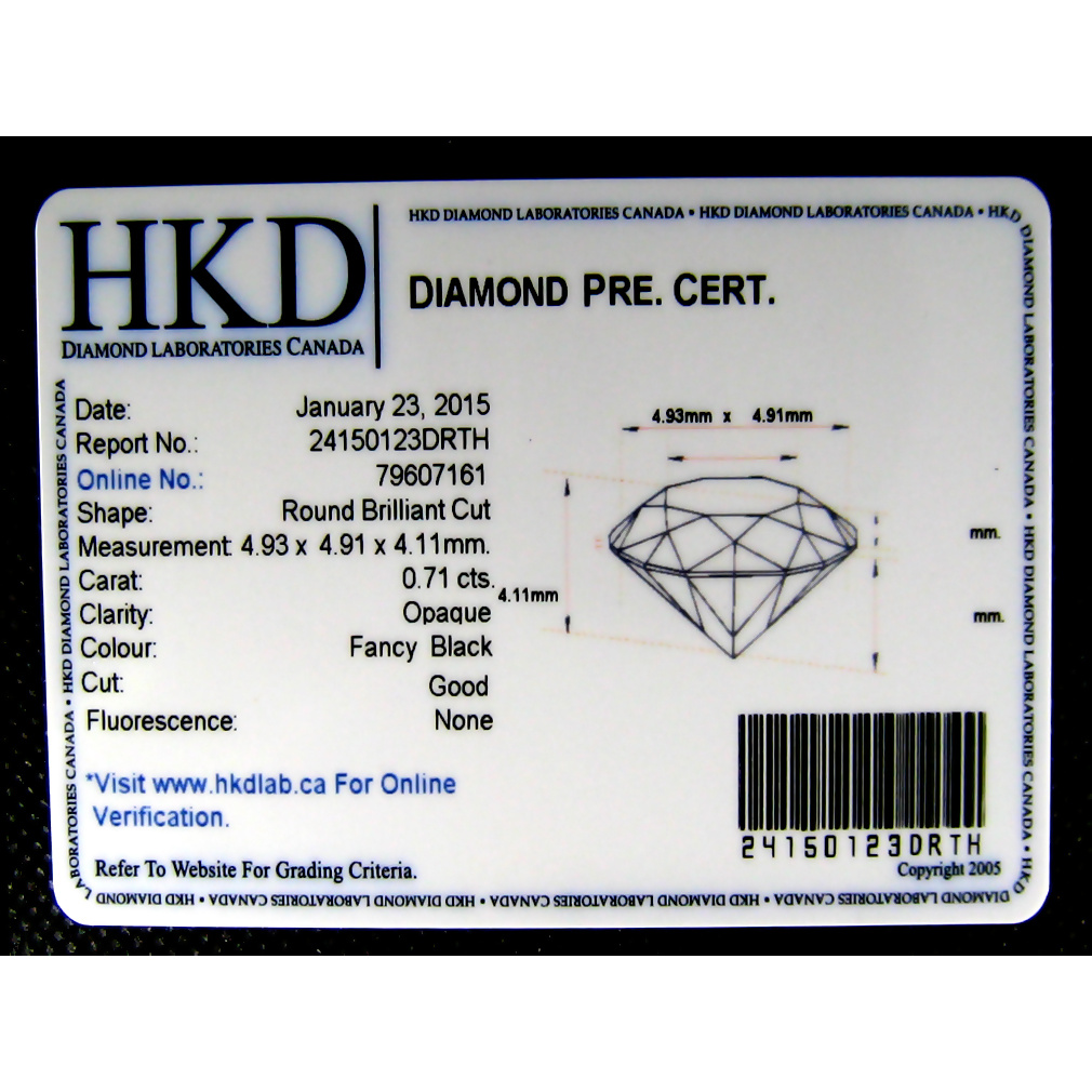 Certified Round Brilliant Cut 4.9x4.9x4mm 0.71ct Natural Fancy Black Diamond DD109