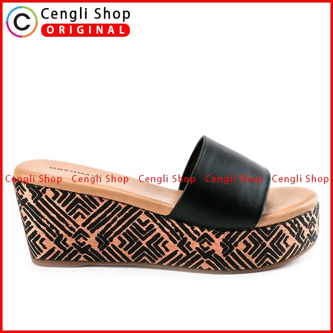 SANDAL WEDGES KULIT OBERMAIN WANITA ORIGINAL ASLI TERBARU HITAM OW15