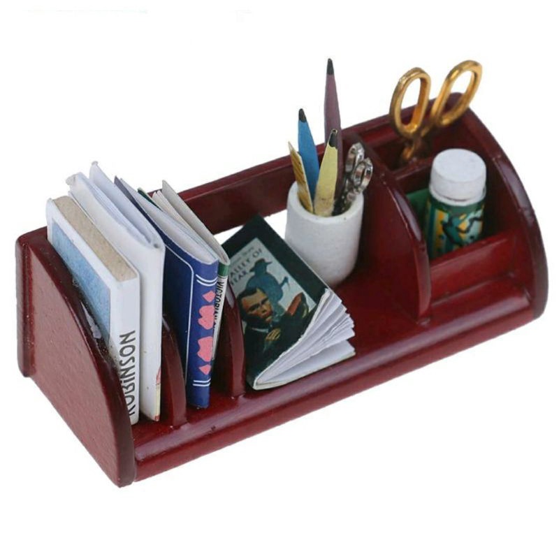 Miniature SET Rak Buku + 1 Set Box pensil + Gunting + Lem skala 1:12